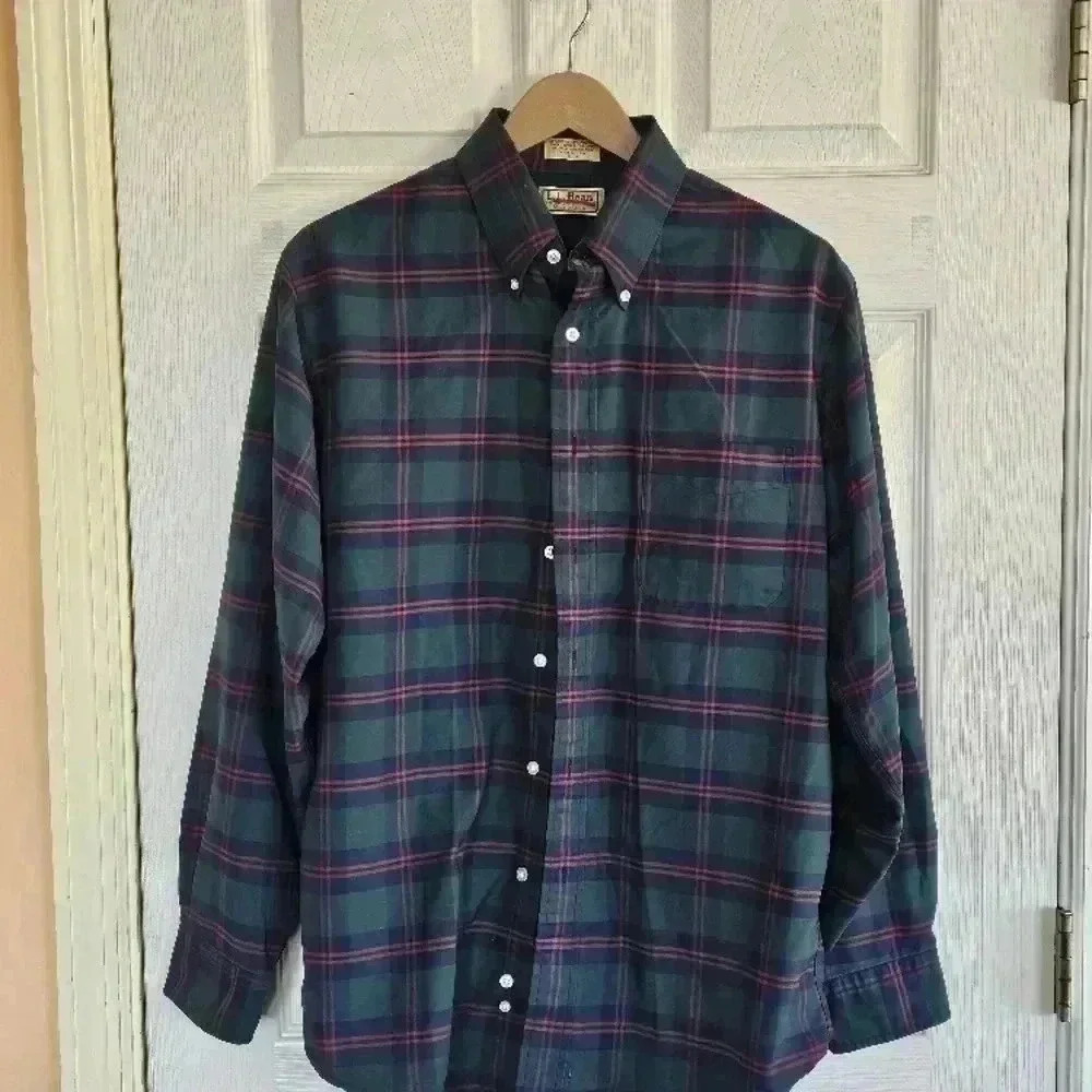 L.L. Bean Green Plaid Casual Button Down Shirt